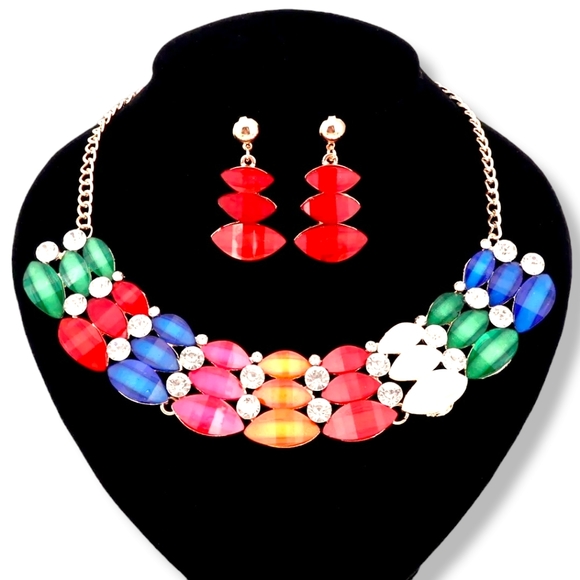 18K gold plated crystal rainbow double stacked necklace earrings set. - Picture 3 of 11